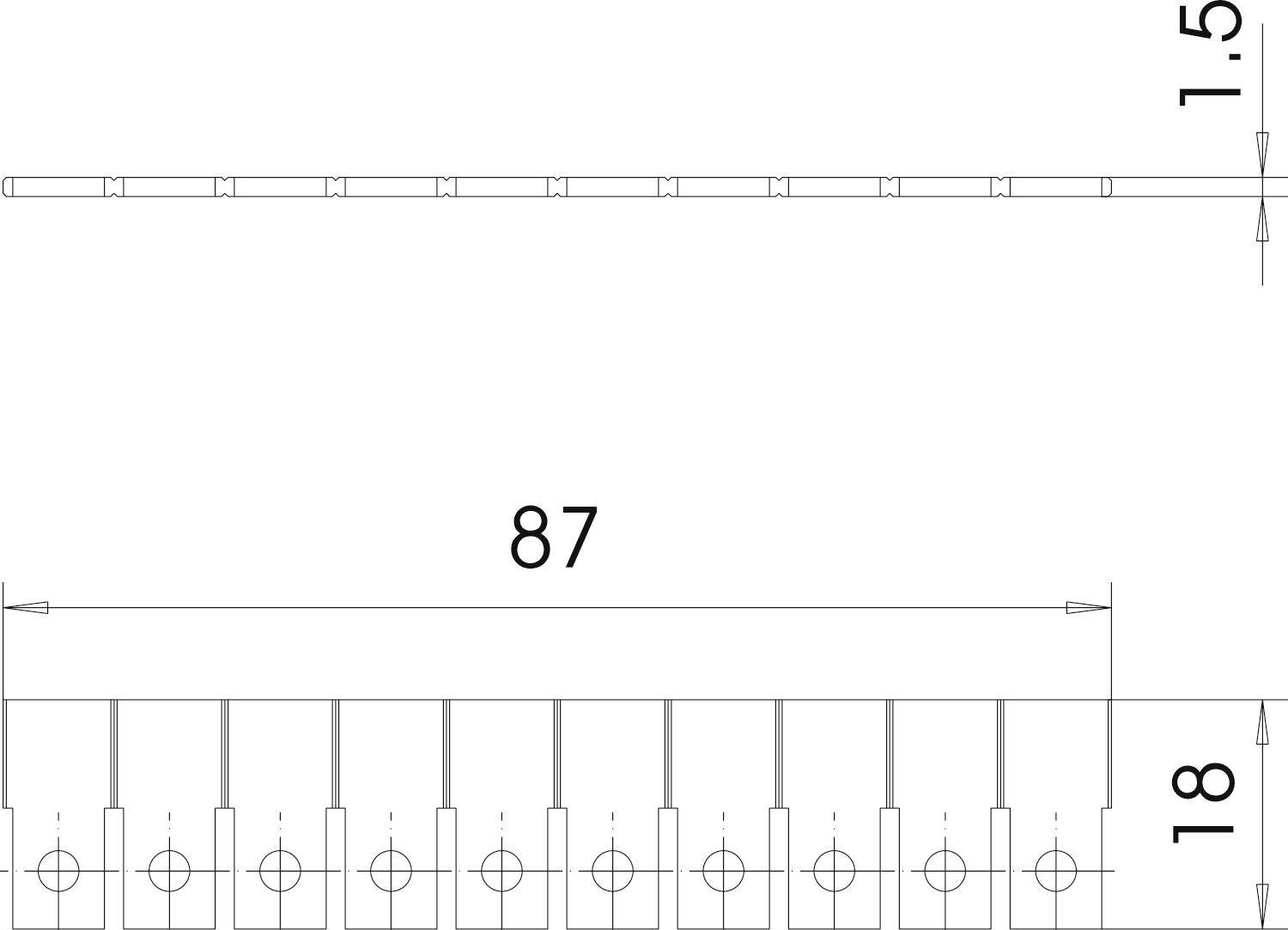 Rysunek techniczny elementu w widoku z góry i z boku. Wymiary: długość 87 mm, wysokość 1,5 mm, szerokość 18 mm.