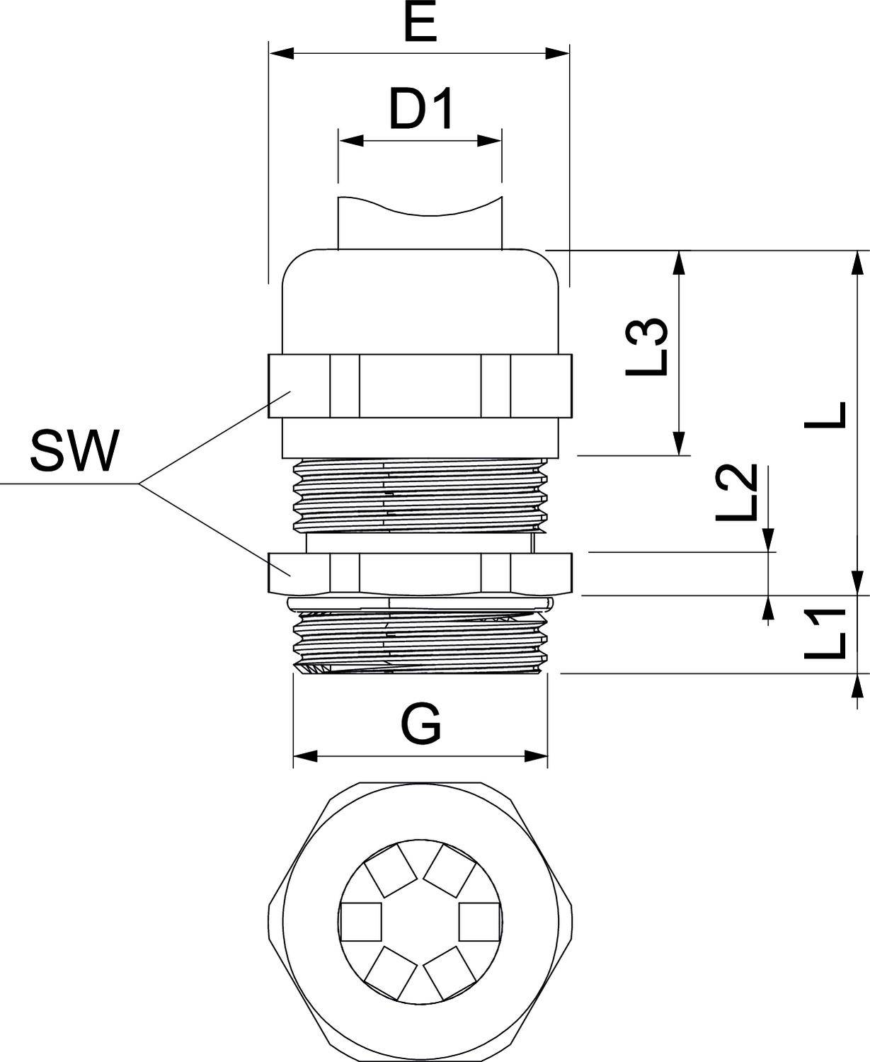 Rysunek techniczny złącza z podanymi wymiarami metrycznymi. Podano rozstaw klucza (SW), gwint (G) oraz długości (L, L1, L2, L3).