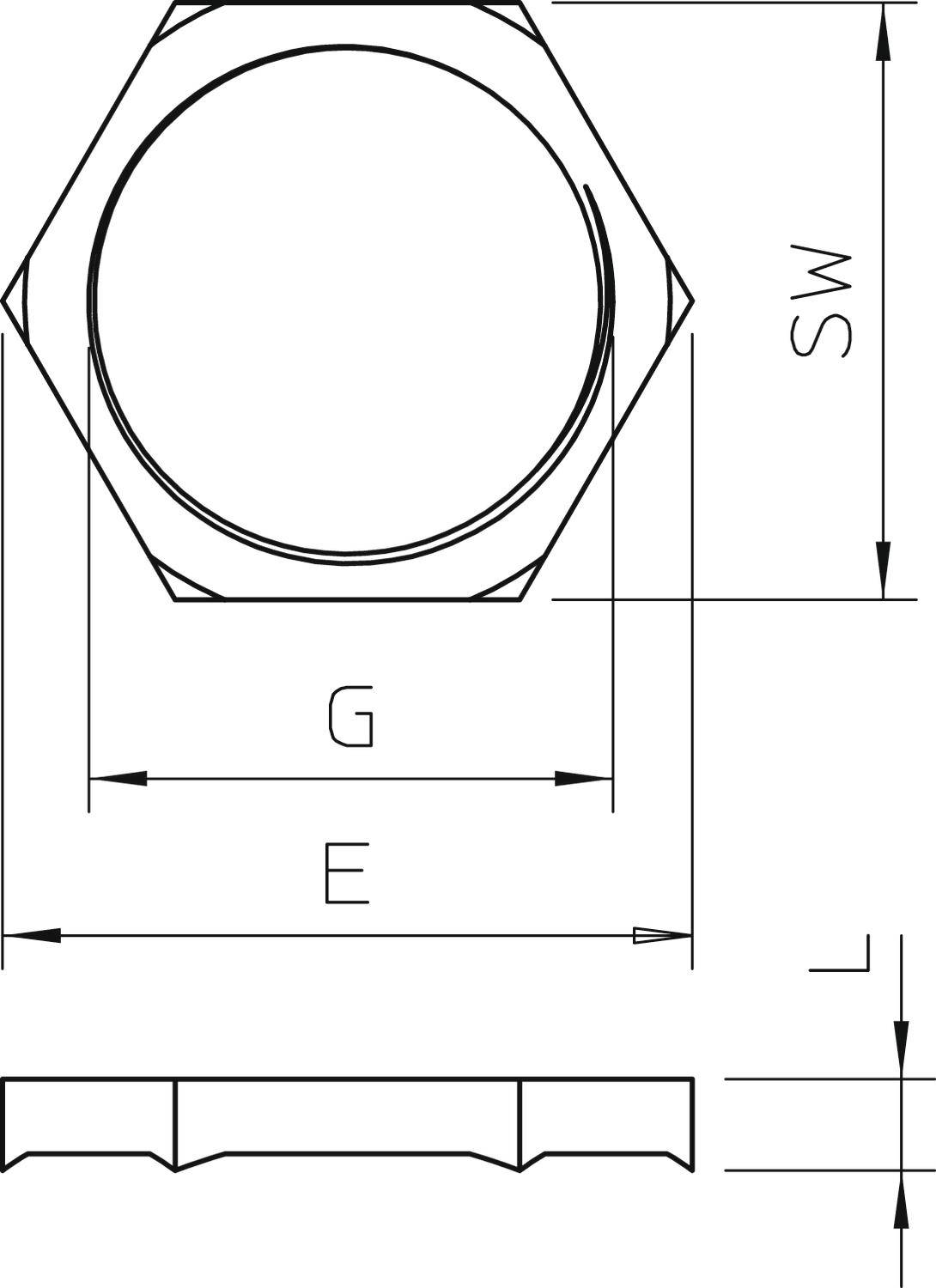 Rysunek techniczny nakrętki sześciokątnej z wymiarami: średnica 'G', rozstaw klucza 'SW', 'E' oraz długość 'L'.