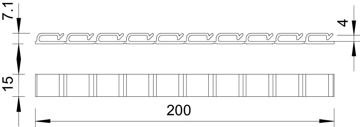 Wzór składający się z linii poziomych i prostokątnych kształtów. Wymiary: 200 jednostek długości, 15 jednostek szerokości, z podanymi wysokościami 7,1 i 4.