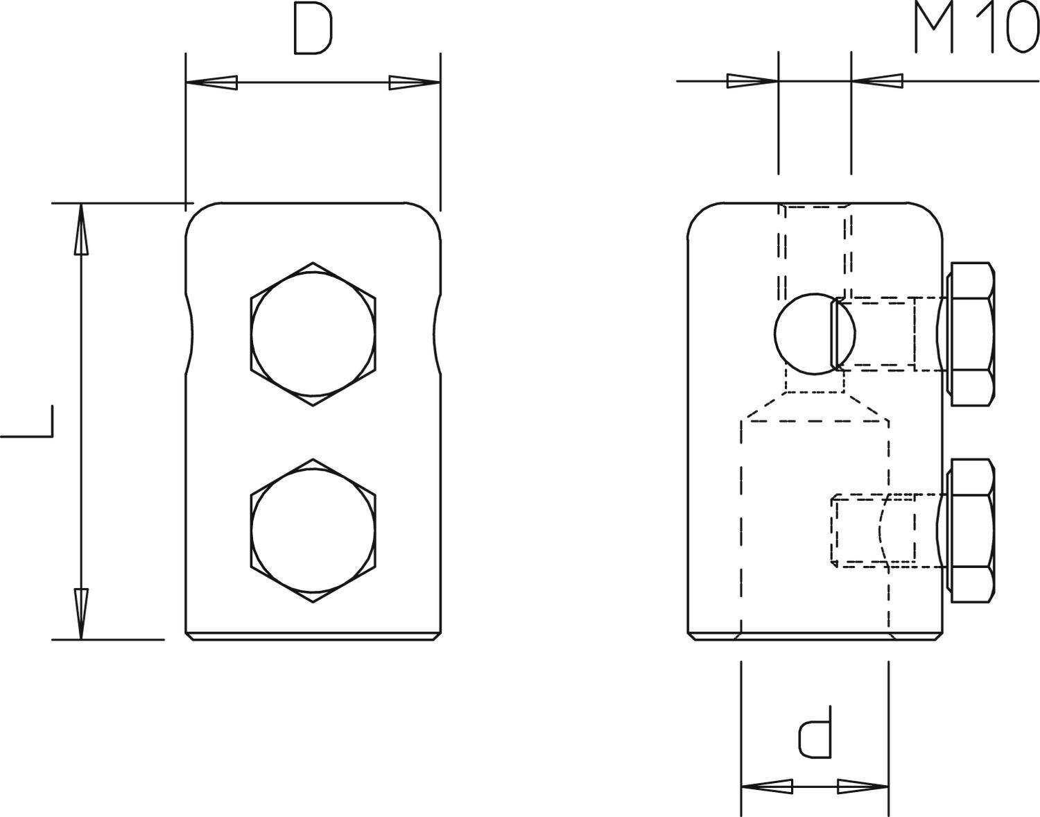Rysunek techniczny elementu z dwoma cylindrycznymi śrubami w widoku z przodu i z boku. Wymiary: D, d, L, M10.