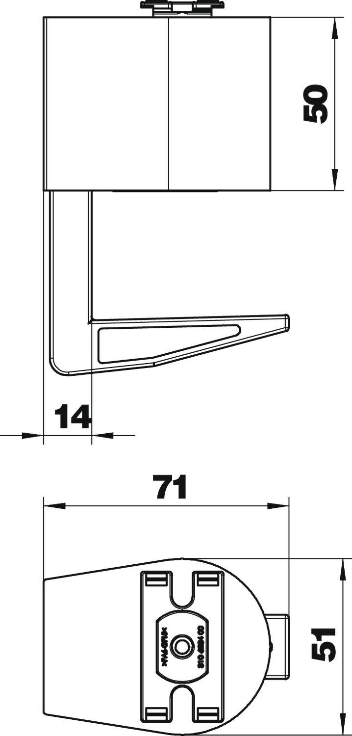 Rysunek techniczny samozamykacza z wymiarami: wysokość 50, szerokość 71, głębokość 14 mm. Widok z boku i od spodu.