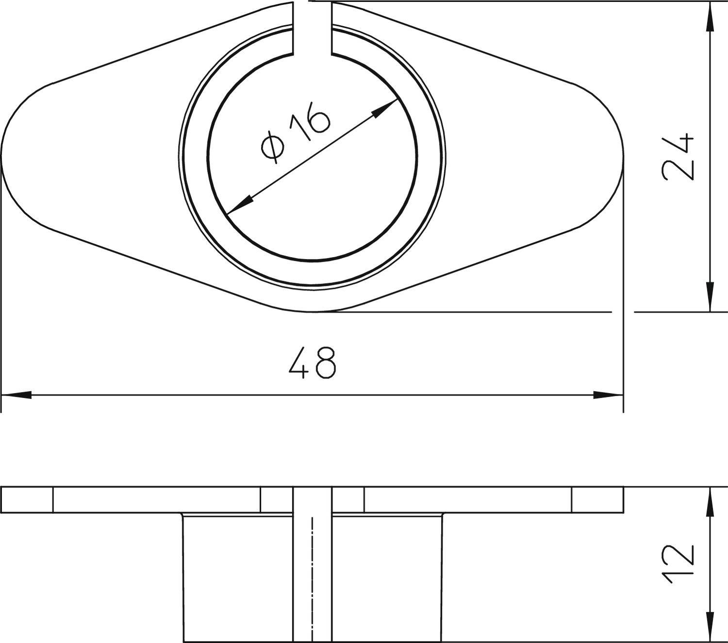 Rysunek techniczny owalnej tarczy z centralnym otworem. Wymiary: długość 48 mm, szerokość 24 mm, średnica otworu 16 mm, wysokość 12 mm.
