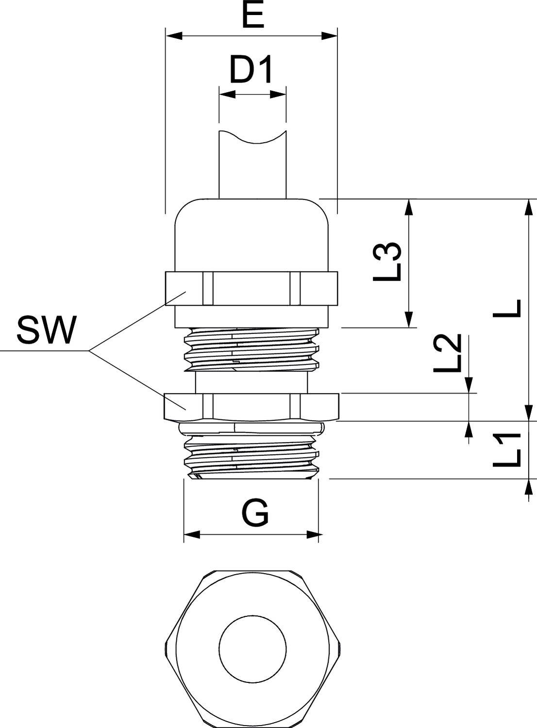 Rysunek techniczny złącza ze wskazanymi wymiarami: E, D1, L3, L2, L1 oraz G. Przedstawia widok boczny i górny z gwintem i sześciokątem.