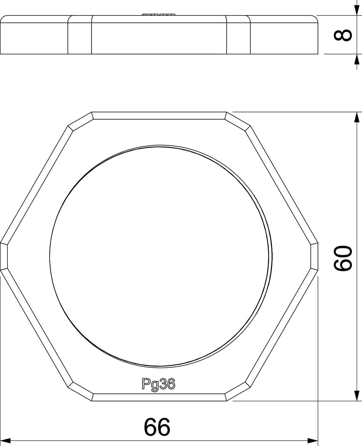Rysunek techniczny ośmiokątnego obiektu z kołem wewnętrznym. Wymiary: wysokość 8 mm, szerokość 66 mm, wysokość 60 mm, oznaczenie 'Pg36'.