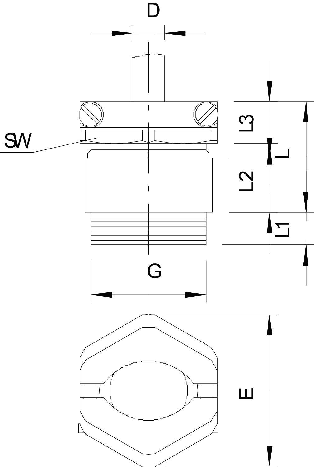 Rysunek techniczny zaworu z oznaczeniami średnicy (D), rozmiaru gwintu (G) oraz powierzchni klucza (SW). Oznaczone wymiary L1, L2, L3.