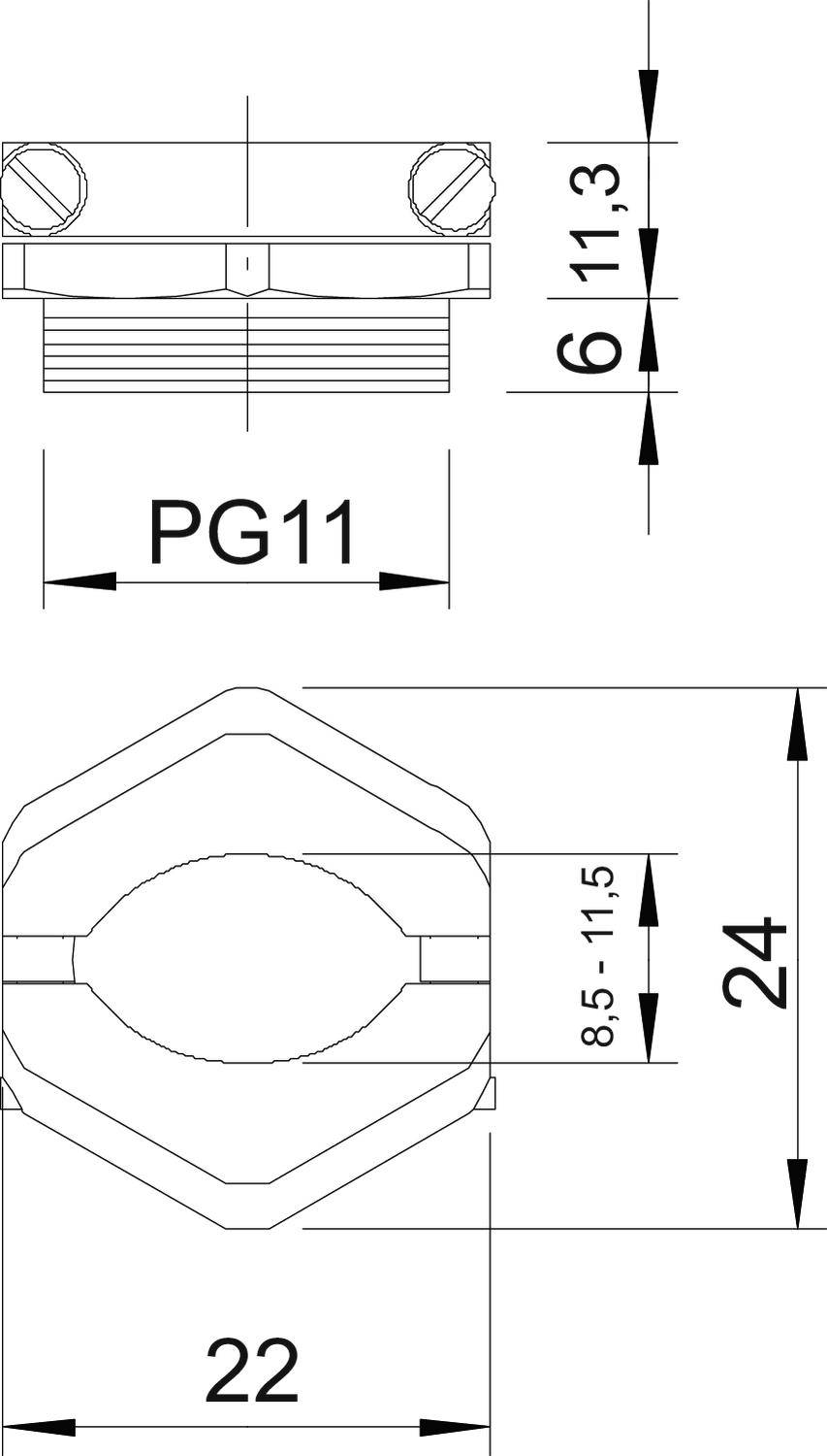 Rysunek techniczny złącza z gwintem PG11. Wymiary: wysokość 11,3 mm, szerokość 22 mm, długość 24 mm; zakres regulacji 8,5-11,5 mm.