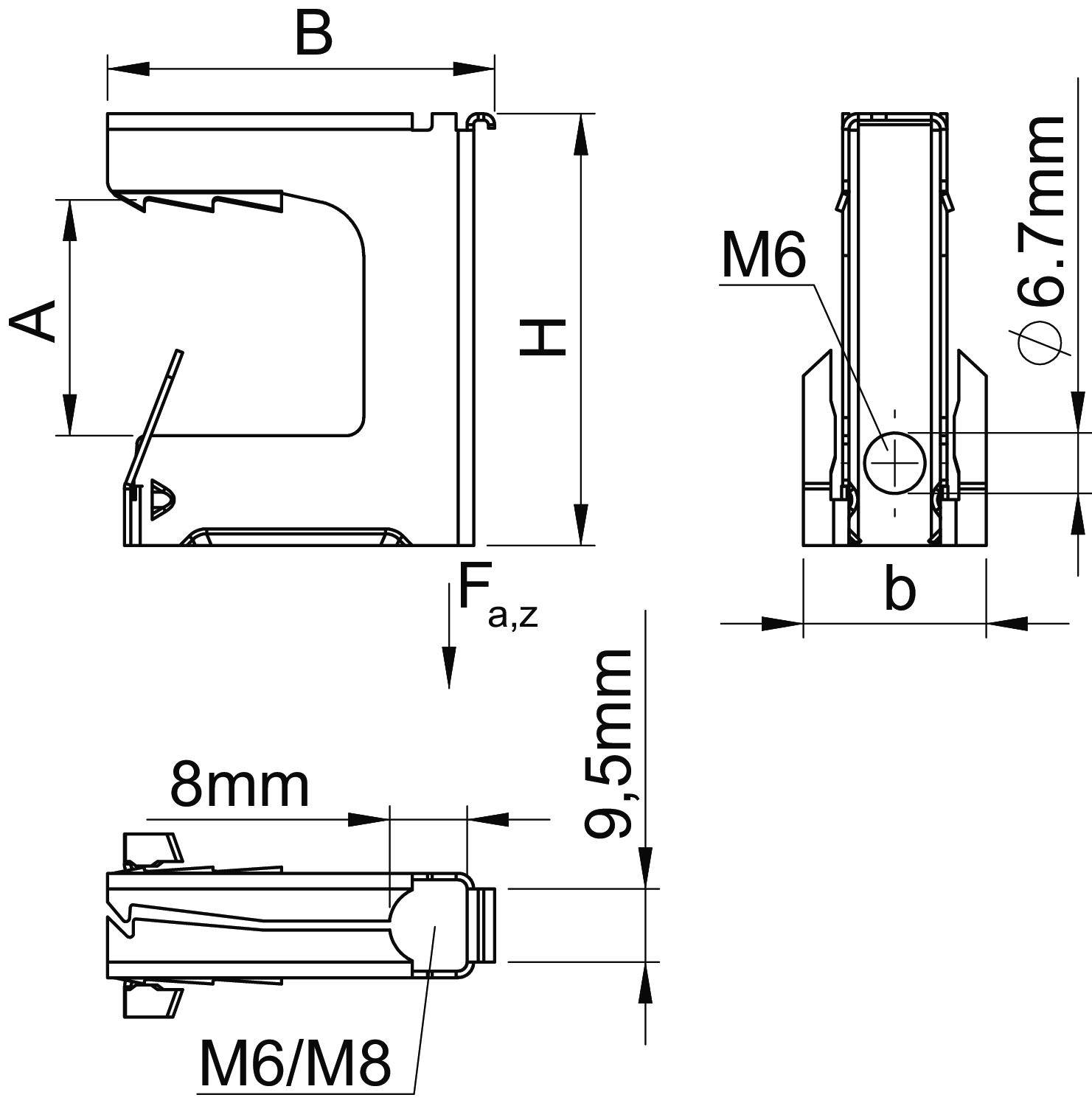 Rysunek techniczny elementu mocującego z oznaczeniami wymiarów. Widok z boku przedstawia szerokość 'B', wysokość 'H'. Dodatkowe dane: M6/M8, 8mm, 9,5mm, 6,7mm.