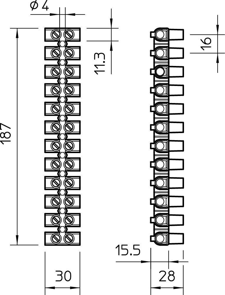 Rysunek techniczny listwy zaciskowej z wymiarami: 187 mm wysokości, 30 mm szerokości, 11,3 mm głębokości. Odstęp między zaciskami: 15,5 mm.