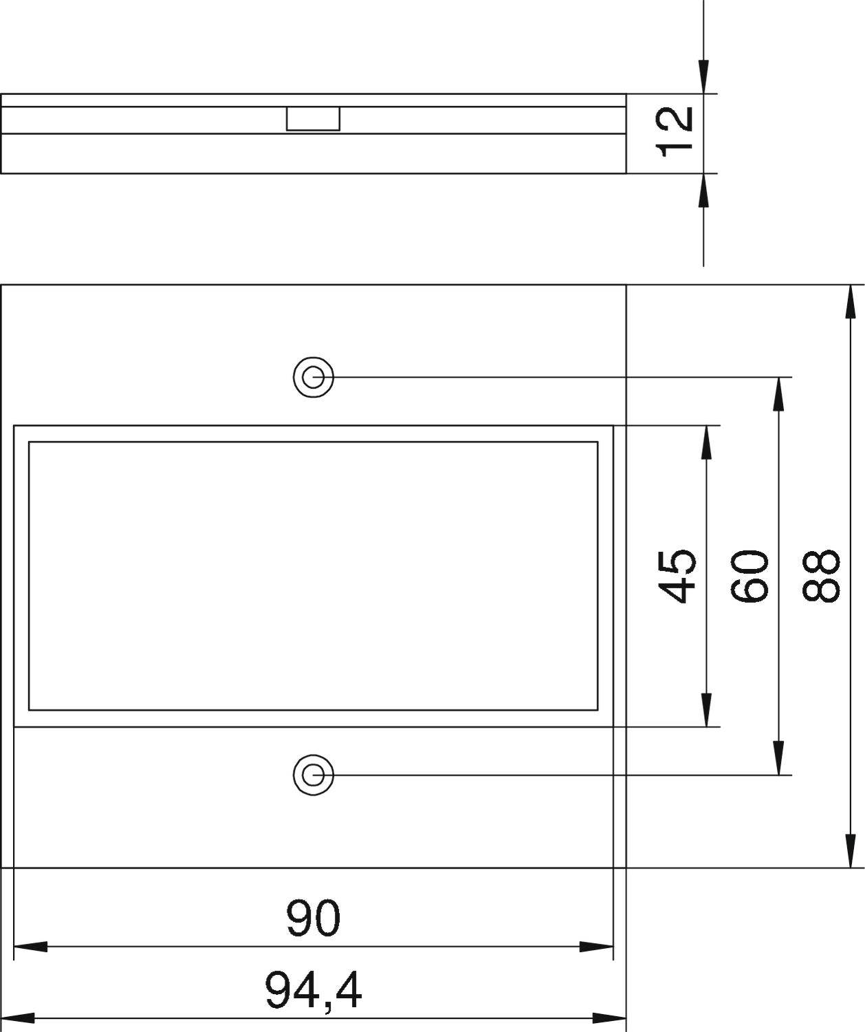 Rysunek techniczny prostokątnego elementu o wymiarach: 90 x 88 mm. Górna część o grubości 12 mm. Dwa punkty mocowania powyżej prostokąta.