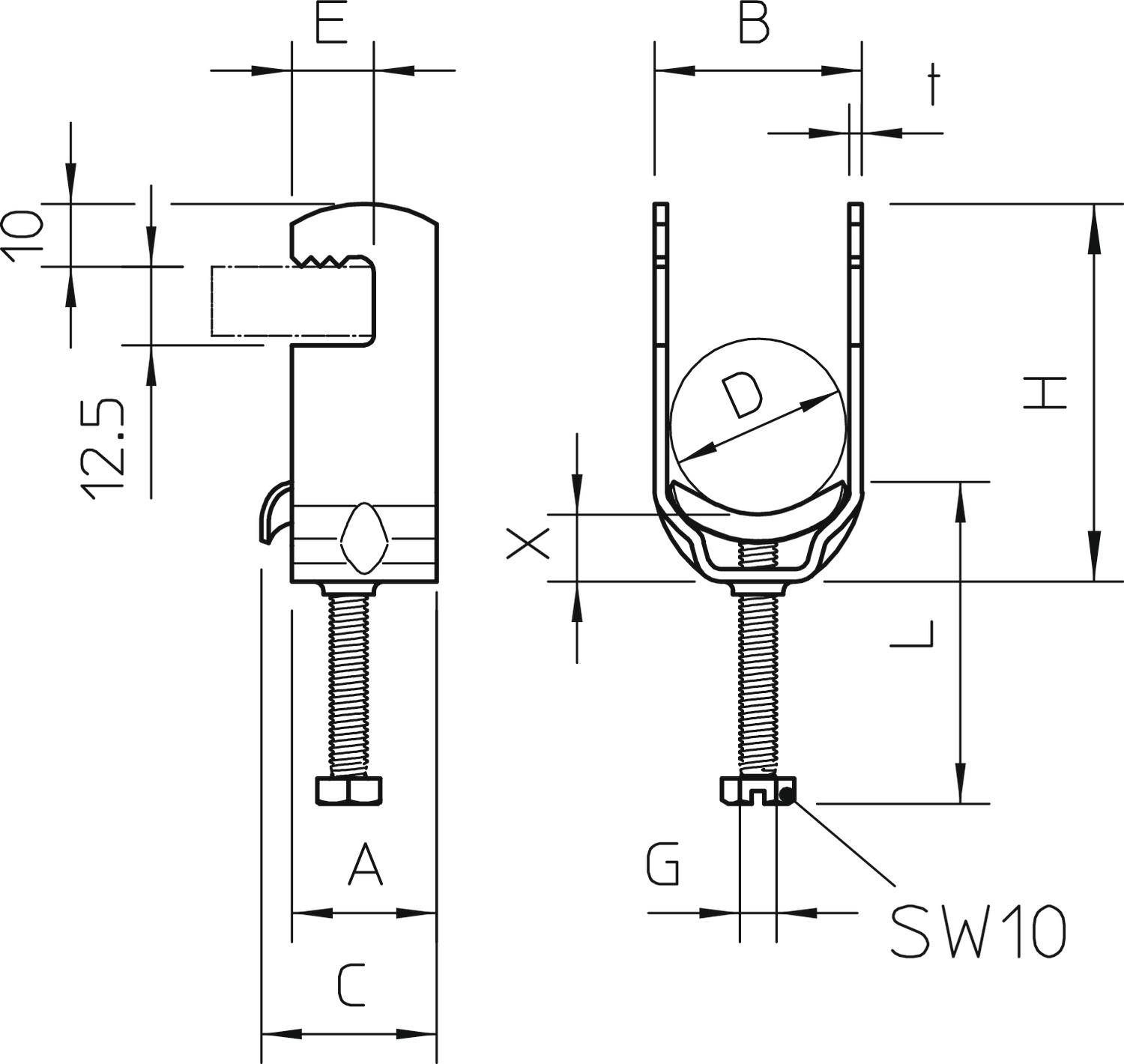 Rysunek techniczny obejmy rurowej z wymiarami. Przedstawia widok z boku i z przodu z oznaczeniami takich parametrów jak wysokość, szerokość i rozmiar śruby.