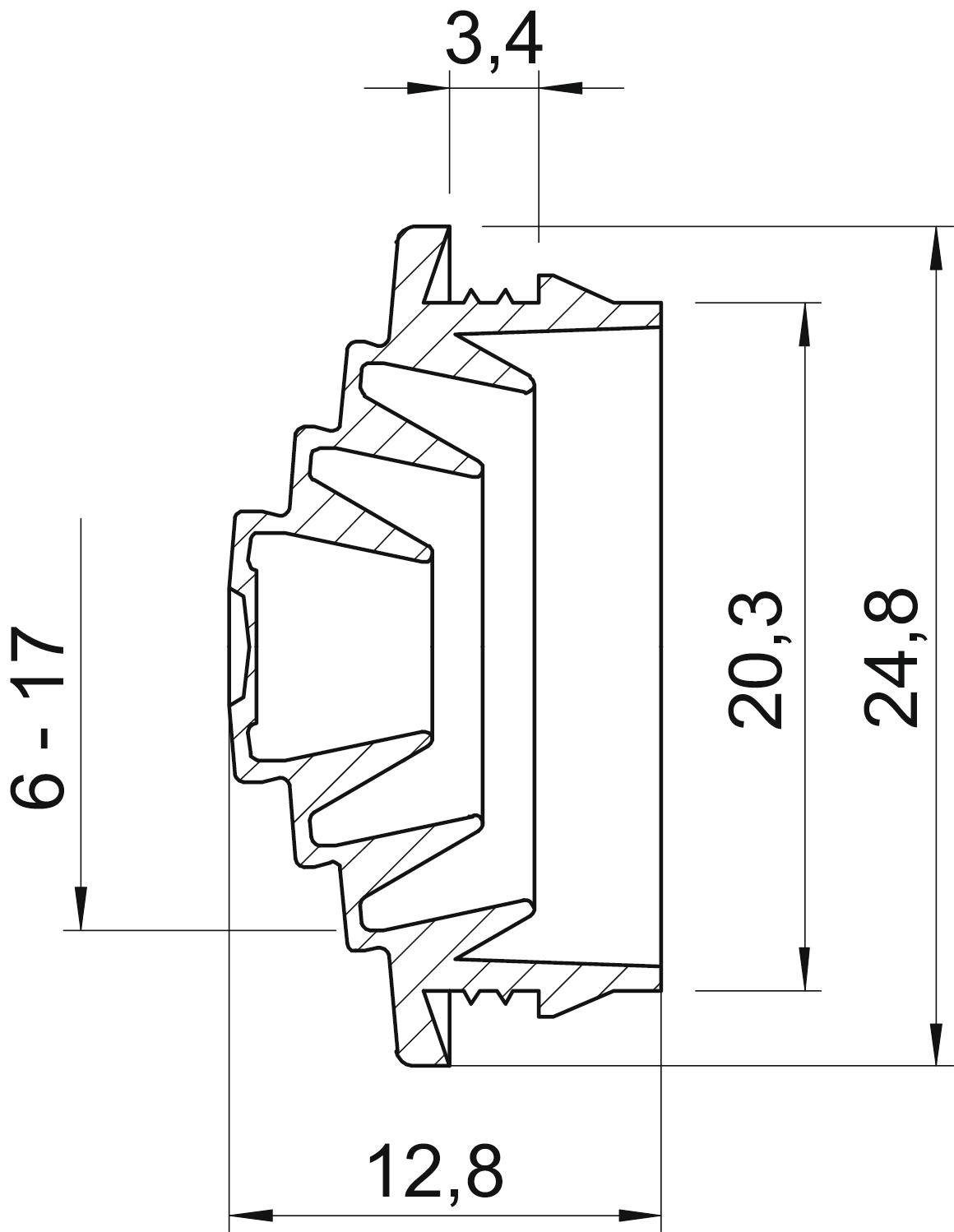 Rysunek techniczny elementu maszyny z wymiarami: szerokość 12,8 mm, wysokość 24,8 mm, wielostopniowa powierzchnia z wieloma punktami i wyniesieniami.