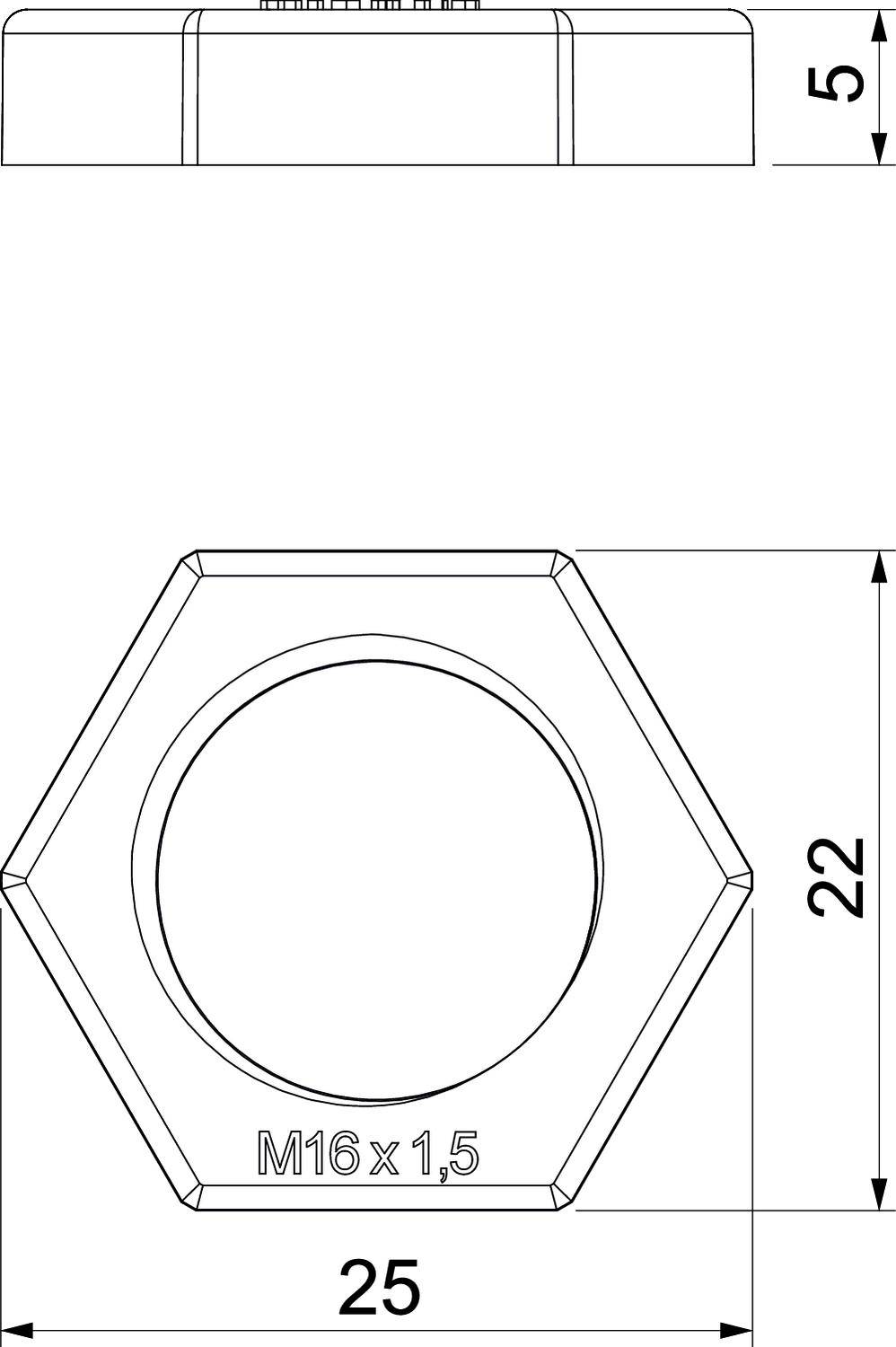 Rysunek techniczny nakrętki sześciokątnej, M16x1,5. Widok z boku u góry z wysokością 5 mm, widok z góry u dołu o szerokości 25 mm.