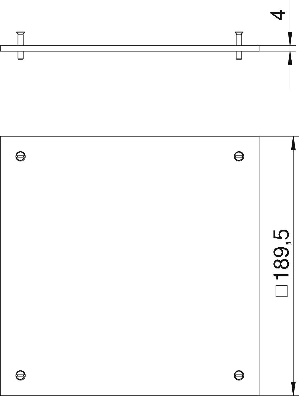 'Rysunek techniczny prostokątnego obiektu o wymiarach 189,5 x 4 cm. Miejsca mocowania śrub oznaczone są na narożnikach.'