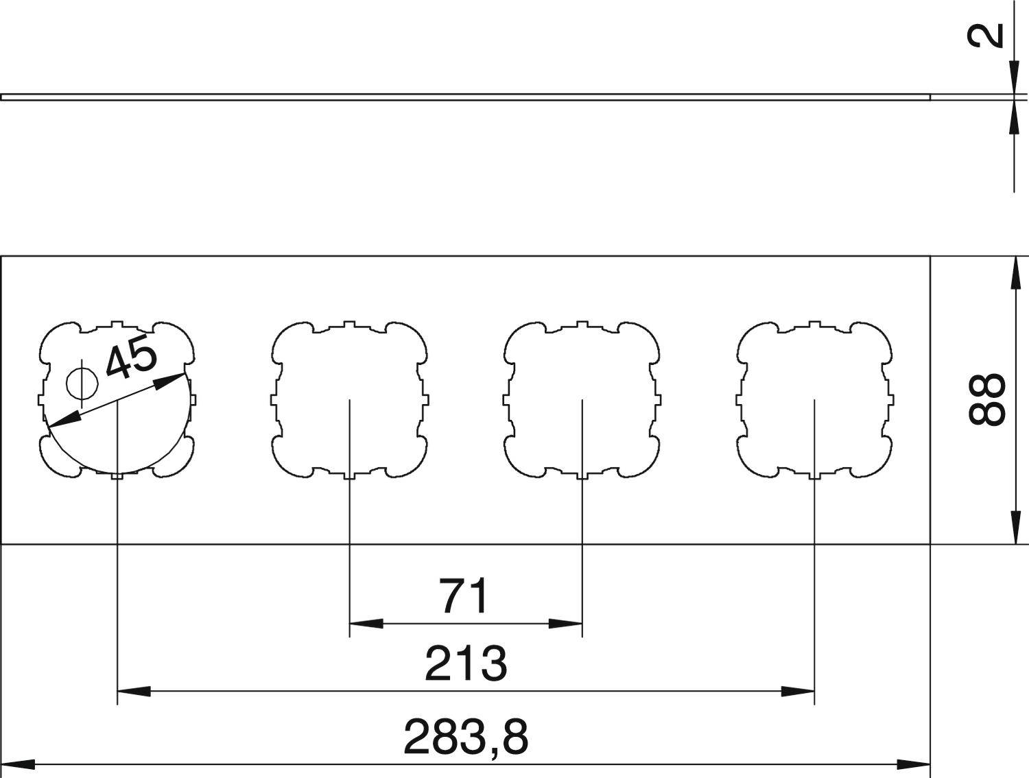Rysunek techniczny płyty metalowej z pięcioma otworami rozmieszczonymi w równych odstępach. Wymiary: 283,8 mm długości całkowitej, 88 mm wysokości.