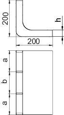 Rysunek techniczny kąta. Na górze: profil L-kształtny o wymiarach 200x200. Na dole: widok z boku z oznaczeniami 'a' i 'b'.