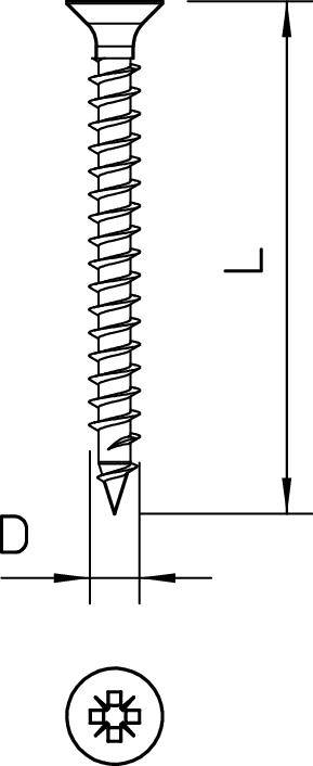 Diagram śruby z łbem krzyżakowym. Pokazuje sekcję gwintu, łeb oraz długość śruby, przedstawione za pomocą linii strzałkowej.