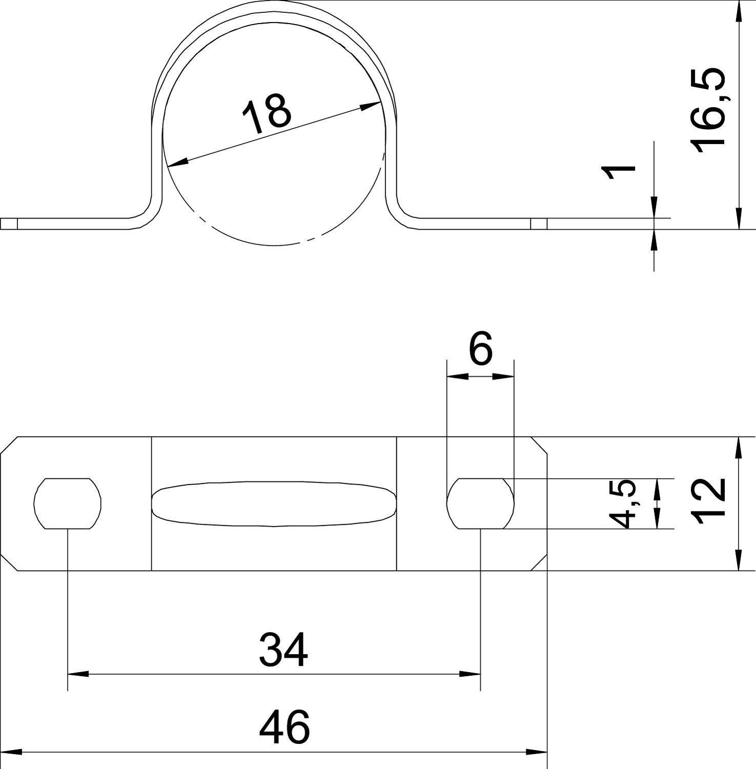 Rysunek techniczny wspornika metalowego z wymiarami: długość 46 mm, szerokość 12 mm, wysokość 16,5 mm. Otwory na śruby po lewej i prawej stronie.