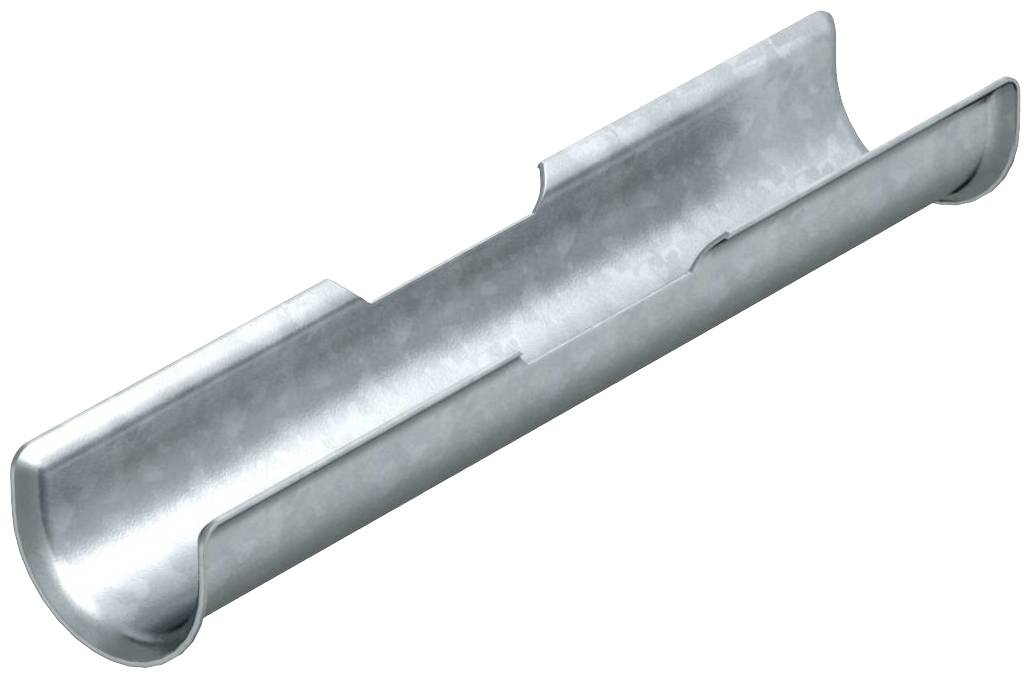 Srebrny, metalowy element rynny dachowej, lekko zakrzywiony, służący do odprowadzania wody deszczowej.