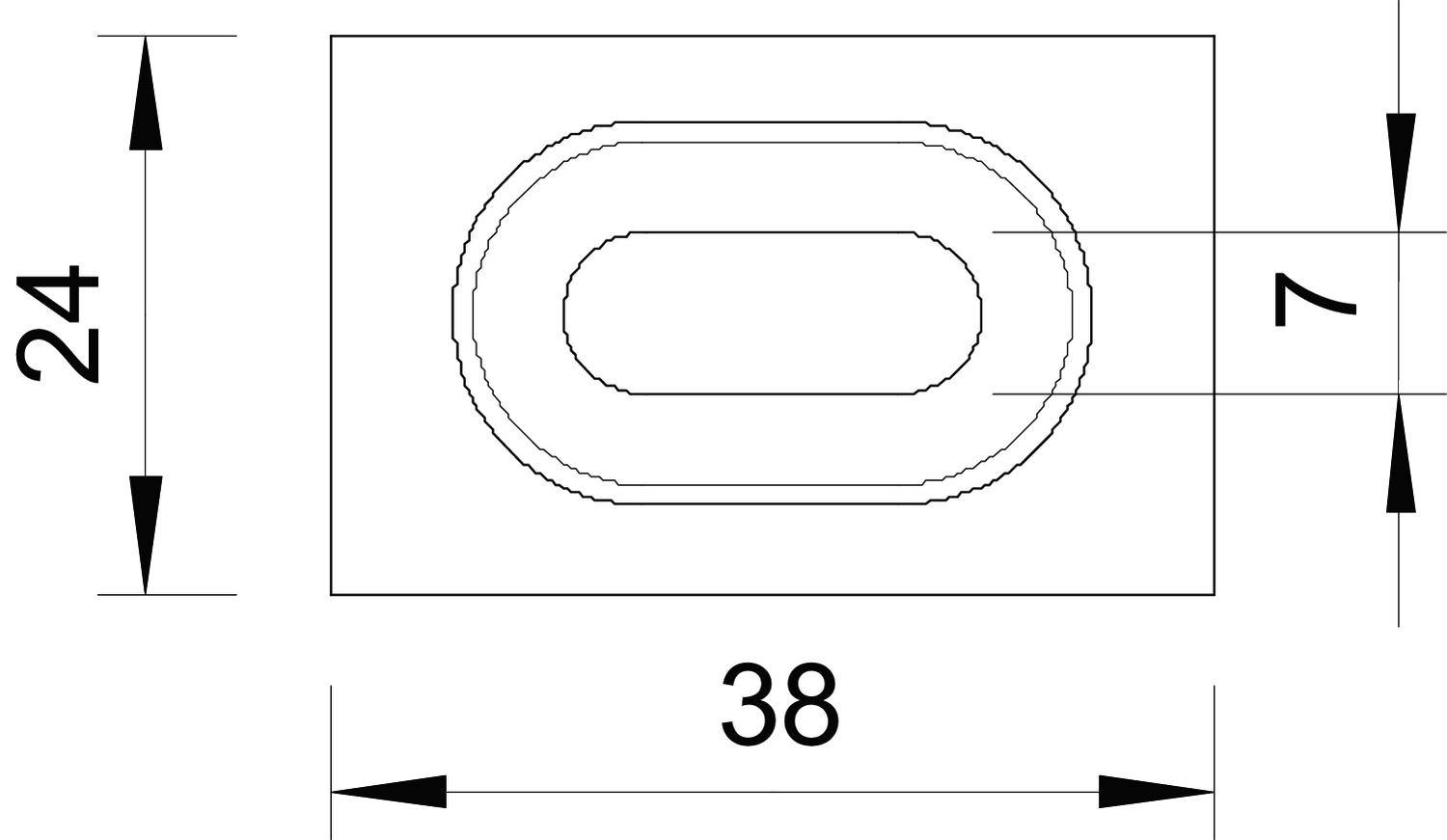 Rysunek techniczny owalnego obiektu o wymiarach: 38 mm długości, 24 mm szerokości, 7 mm szerokości wewnętrznej.