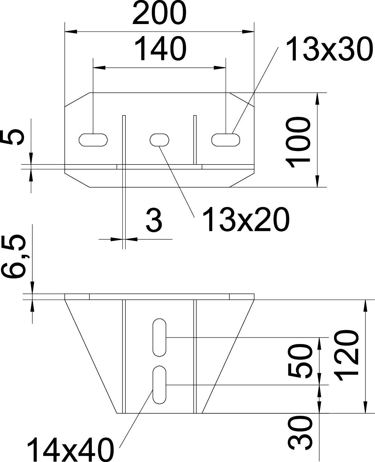 Rysunek techniczny elementu z wymiarami: 200 x 140 mm na zewnątrz, z trzema otworami 13 x 30 mm u góry. Widok z boku pokazuje wysokość 120 mm.
