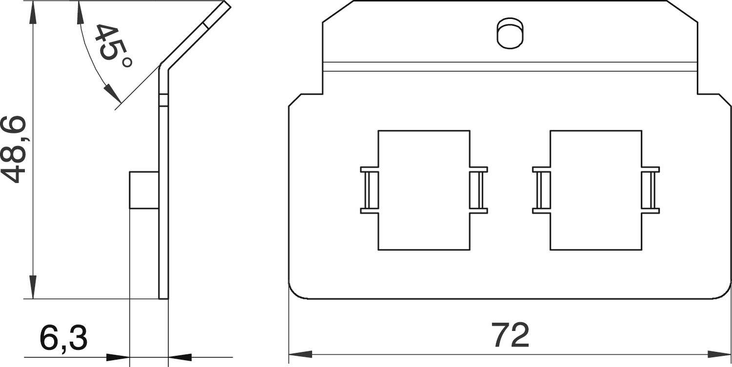 Rysunek prostokątnego pola przyłączeniowego z dwoma gniazdami. Wymiary: szerokość 72 mm, wysokość 48,6 mm, głębokość 6,3 mm. Kąt wynosi 45°.