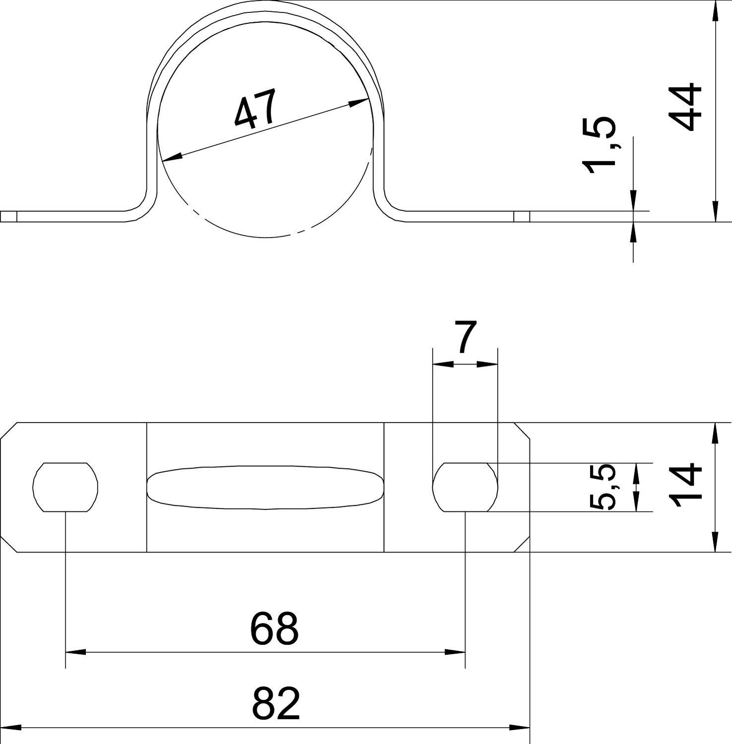 Rysunek techniczny metalowego zaczepu z wymiarami: długość całkowita 82 mm, szerokość 44 mm, wysokość 14 mm, średnica środkowa 47 mm.