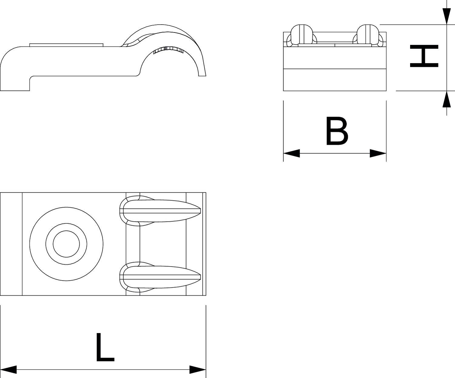 Rysunek techniczny elementu strukturalnego z widokiem z boku, widokiem z góry i widokiem z przodu. Opisany literami 'B', 'H', 'L'.