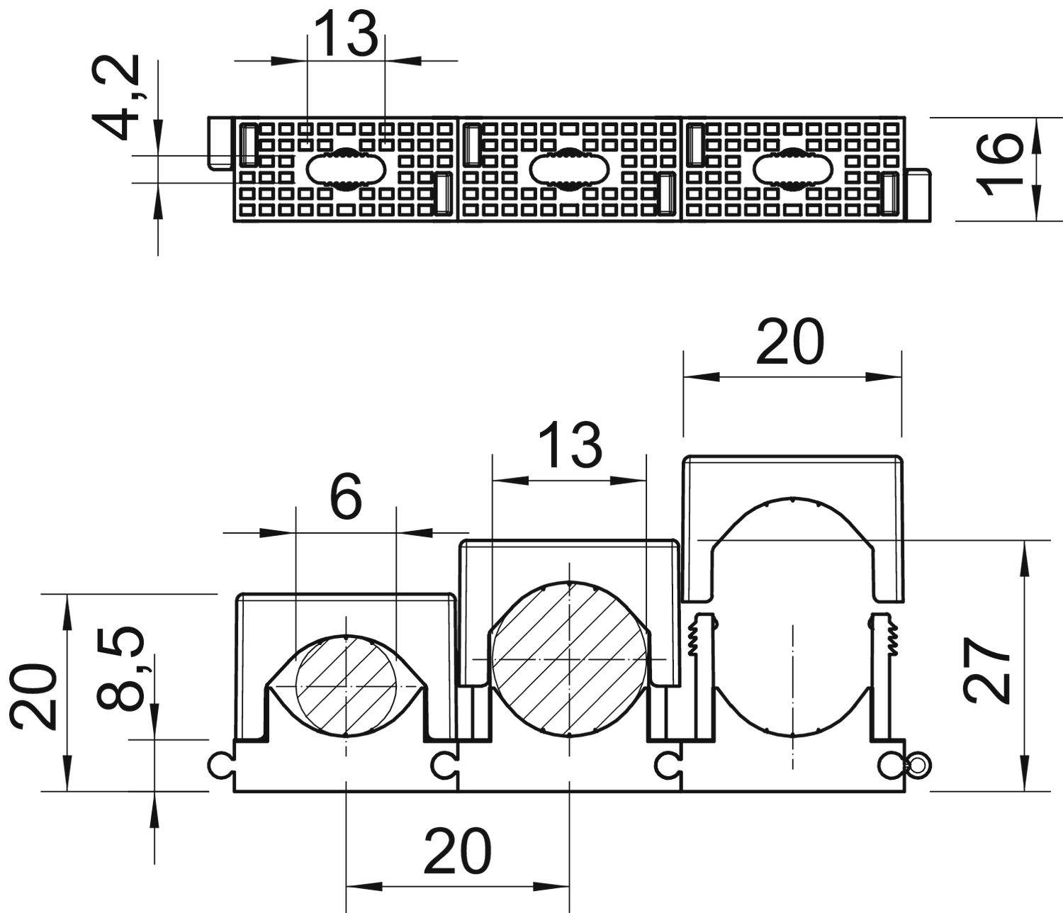 Rysunek techniczny kanału kablowego z trzema sekcjami. Wymiary: wysokość 27 mm, szerokość 20 mm dla każdej sekcji, głębokość pierwszej sekcji 20 mm.