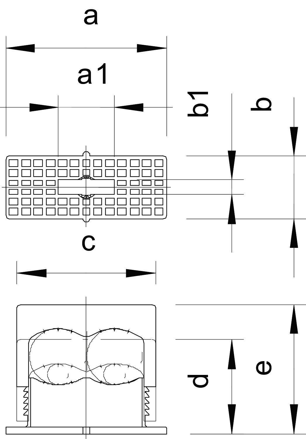 Rysunek techniczny elementu elektronicznego z jednostkami miary: 'a', 'a1', 'b1', 'b', 'c', 'd', 'e'. Widok z góry u góry, widok z boku u dołu.