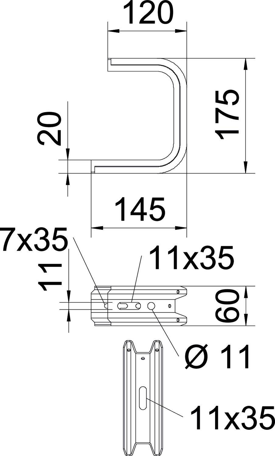 Rysunek techniczny metalowego profilu w kształcie litery C z wymiarami: szerokość 120 mm, wysokość 175 mm, głębokość 145 mm. Szczegółowe wymiary: 7x35 mm, 11x35 mm, Ø 11 mm, całkowita wysokość 60 mm.