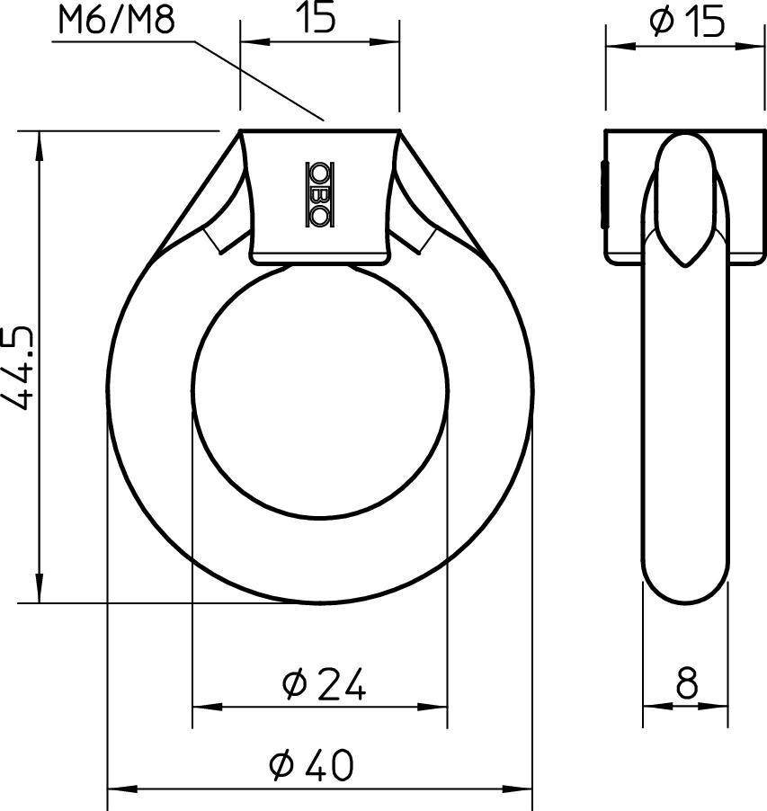 Rysunek techniczny okrągłego uchwytu pierścieniowego z wymiarami: M6/M8, Ø24, Ø15, Ø40, wysokość 44,5 oraz głębokość 8 mm. Widok z boku i z przodu.