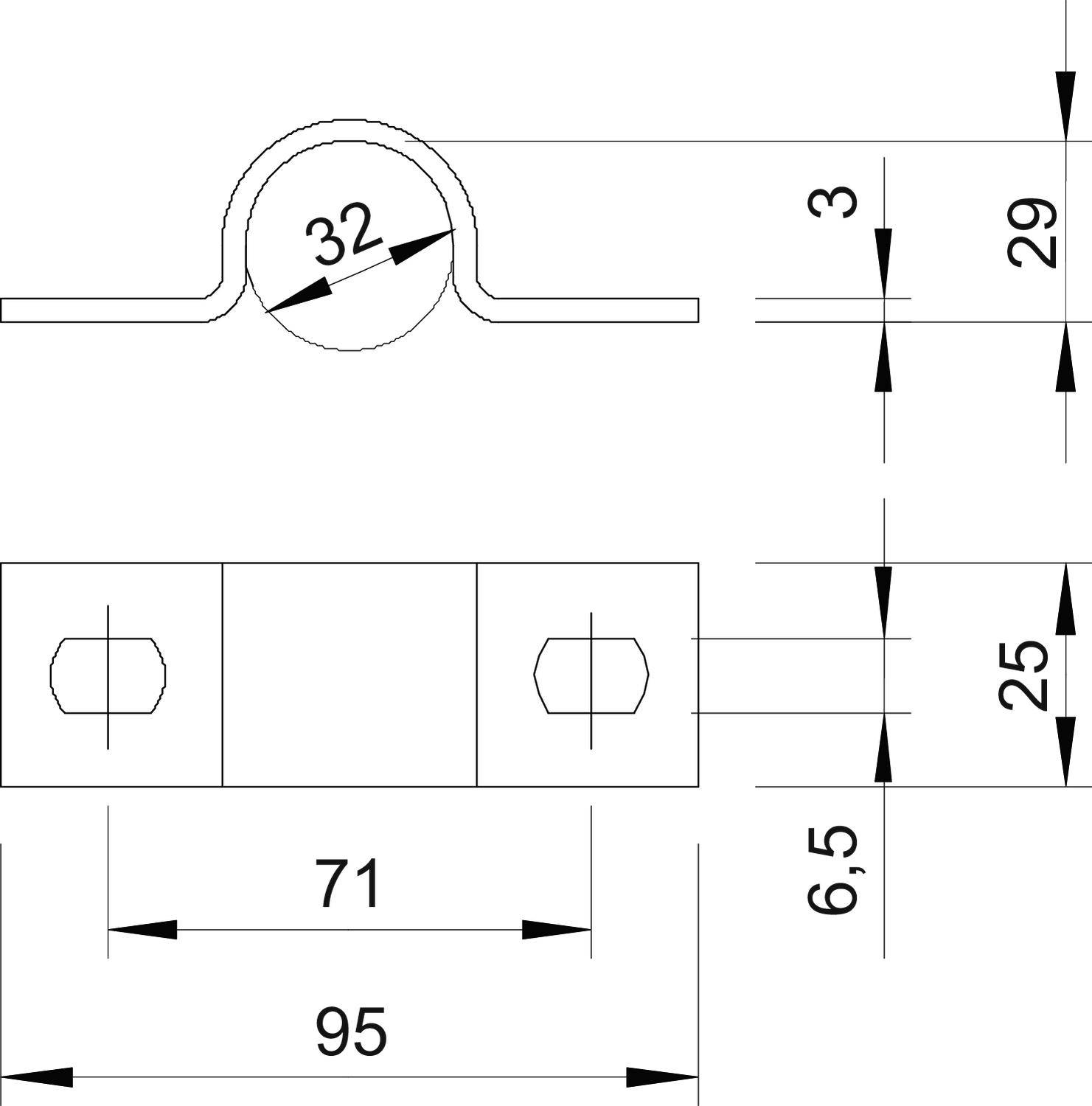 Rysunek techniczny planu obejmy rurowej z wymiarami: średnica 32 mm, długość 95 mm, szerokość 71 mm; odległości 3 mm i 29 mm.
