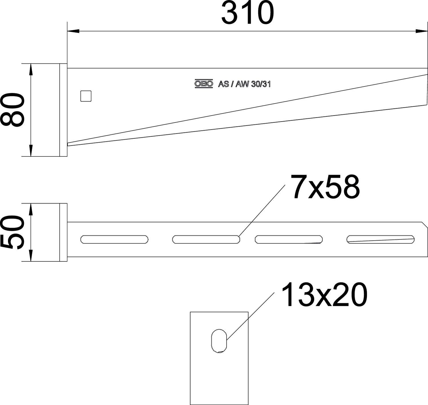 Rysunek techniczny kątownika metalowego o wymiarach: długość 310 mm, wysokość 80 mm, szerokość 50 mm. Otwory: 7x58 mm, 13x20 mm.