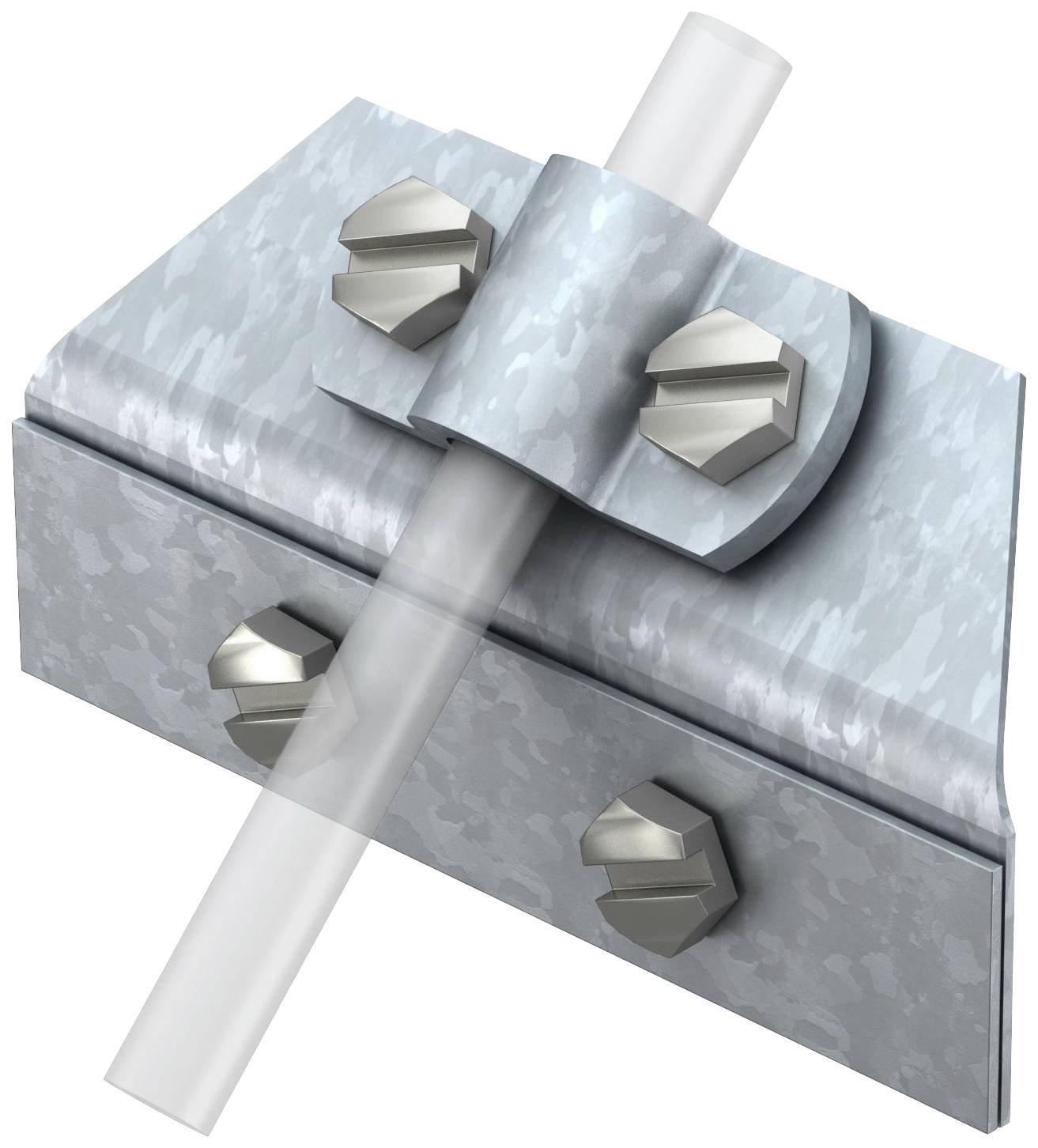 Srebrny element metalowy z śrubami mocuje przezroczysty odcinek rury.