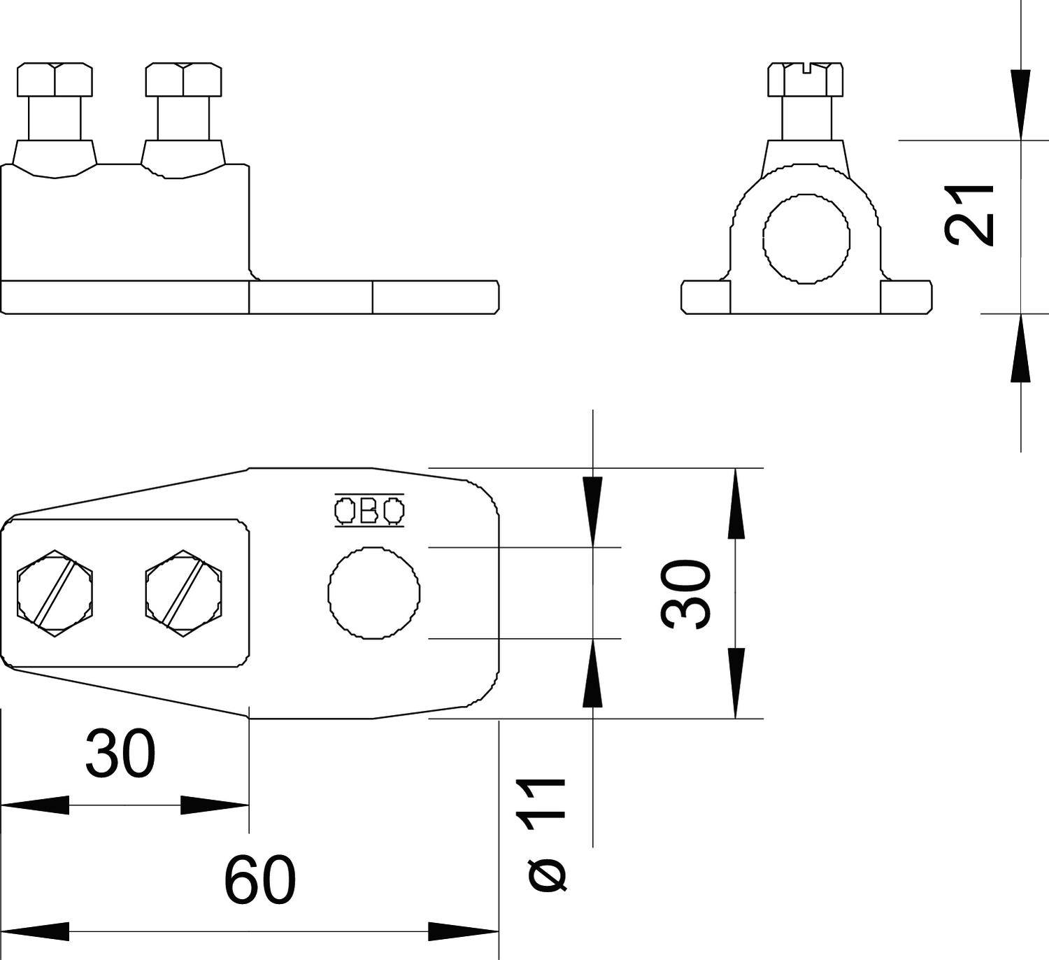 Rysunek techniczny elementu mechanicznego z wymiarami: Góra 60x30, średnica otworu 11, całkowita wysokość 21.
