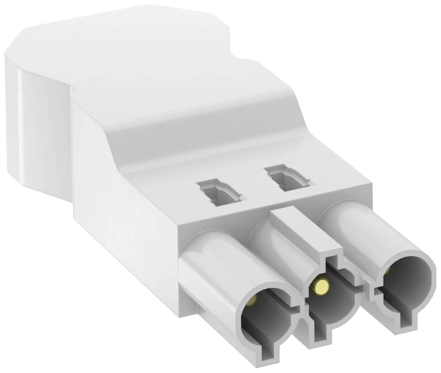 Trójbiegunowy biały adapter elektryczny z zaokrąglonymi krawędziami i otworami na wtyczki, sfotografowany na białym tle.