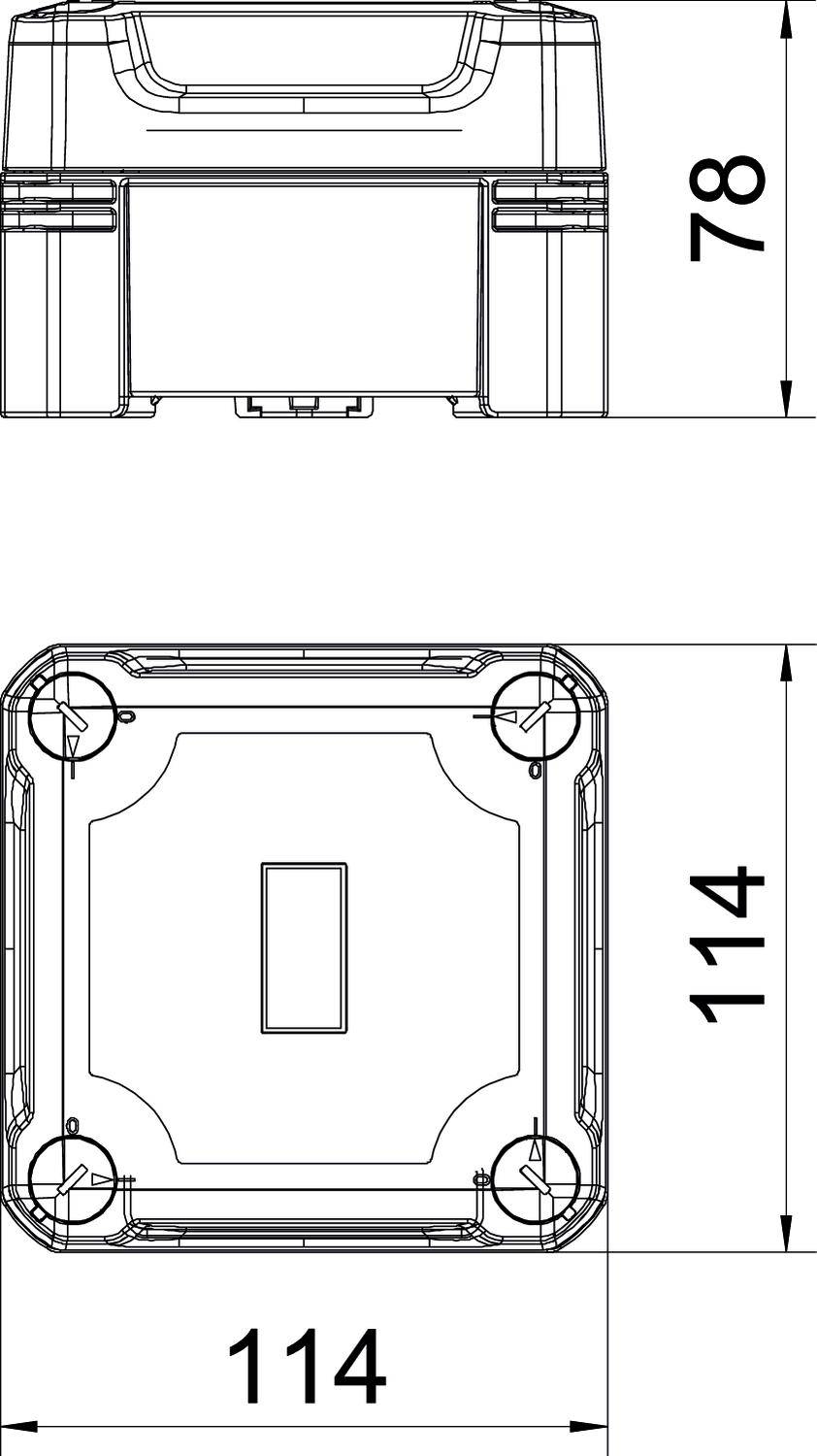 Rysunek techniczny prostokątnego urządzenia o wymiarach: 114 x 114 x 78 mm. Przedstawiono widok z góry i z boku.