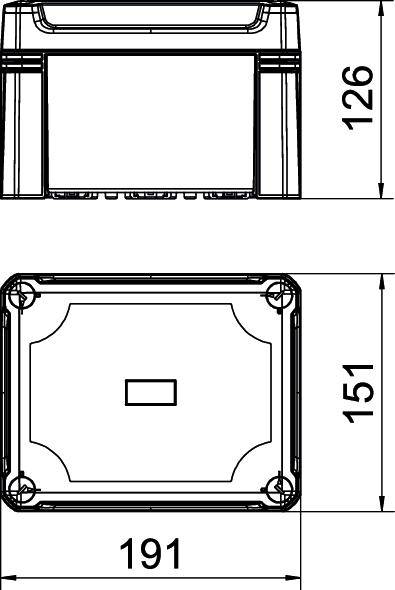 Rysunek techniczny prostokątnej obudowy z pokrywą. Wymiary: wysokość 126 mm, szerokość 191 mm, głębokość 151 mm.
