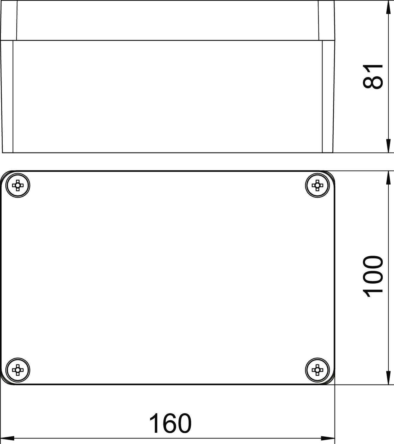 Rysunek techniczny prostokątnego pudełka o wymiarach 160 x 100 x 81 mm, przedstawiony z widokiem z góry i z boku.