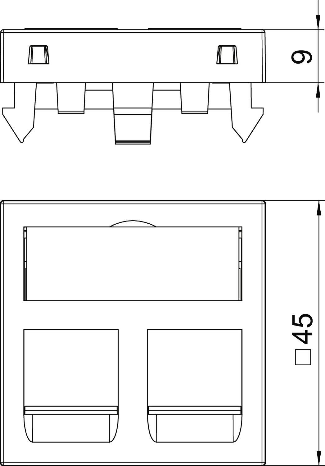 Diagram prostokątnego przełącznika z dwoma przełącznikami kołyskowymi. Wymiary: szerokość 45 mm, wysokość 9 mm.