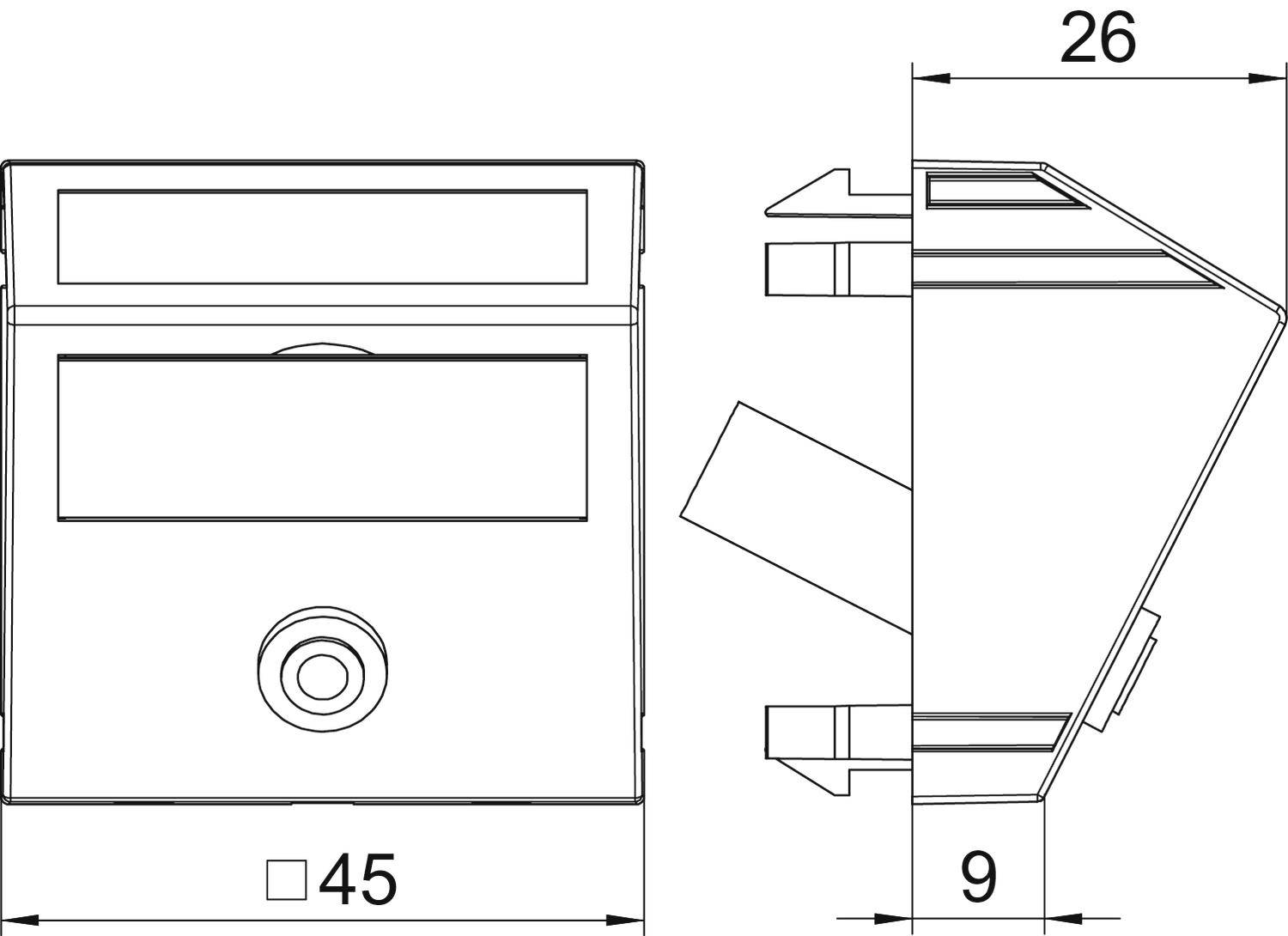 Rysunek techniczny przełącznika w dwóch widokach: widok z przodu z okrągłym przyciskiem na dole, widok z boku z wymiarami 45 mm x 26 mm x 9 mm.