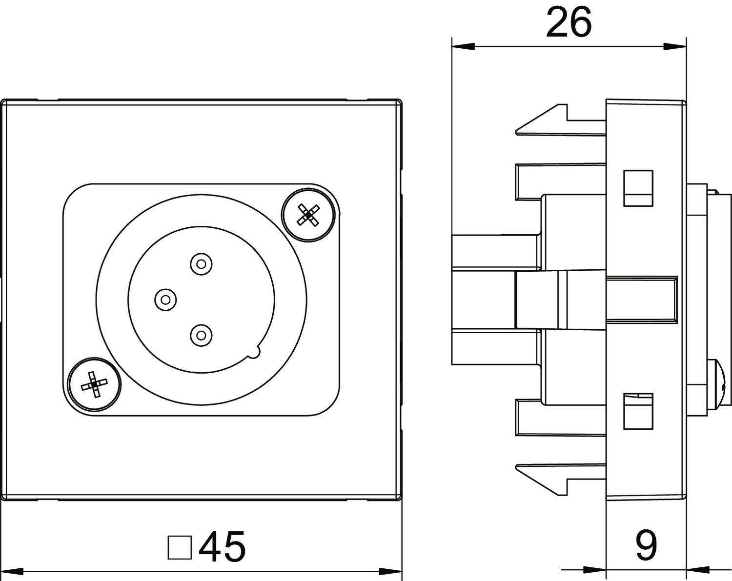 'Rysunek techniczny modułu złącza elektrycznego z wymiarami: 45x45 mm w widoku czołowym, 26 mm głębokości, 9 mm szczegółów bocznych.'