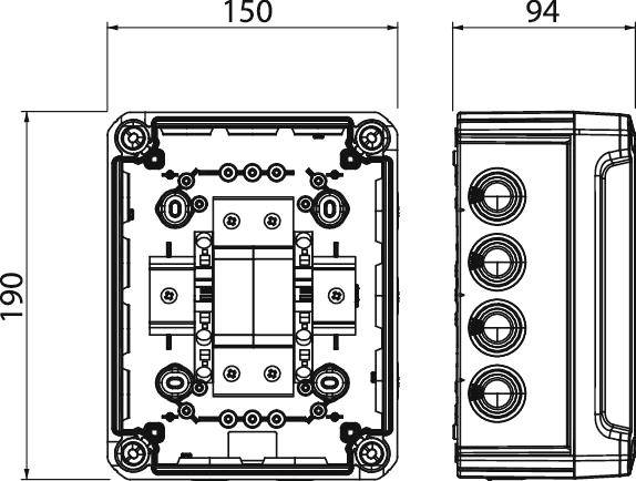 Rysunek techniczny obudowy prostokątnej o wymiarach: 150 mm szerokości, 190 mm wysokości. Przedstawia widok wewnętrzny z punktami mocowania.