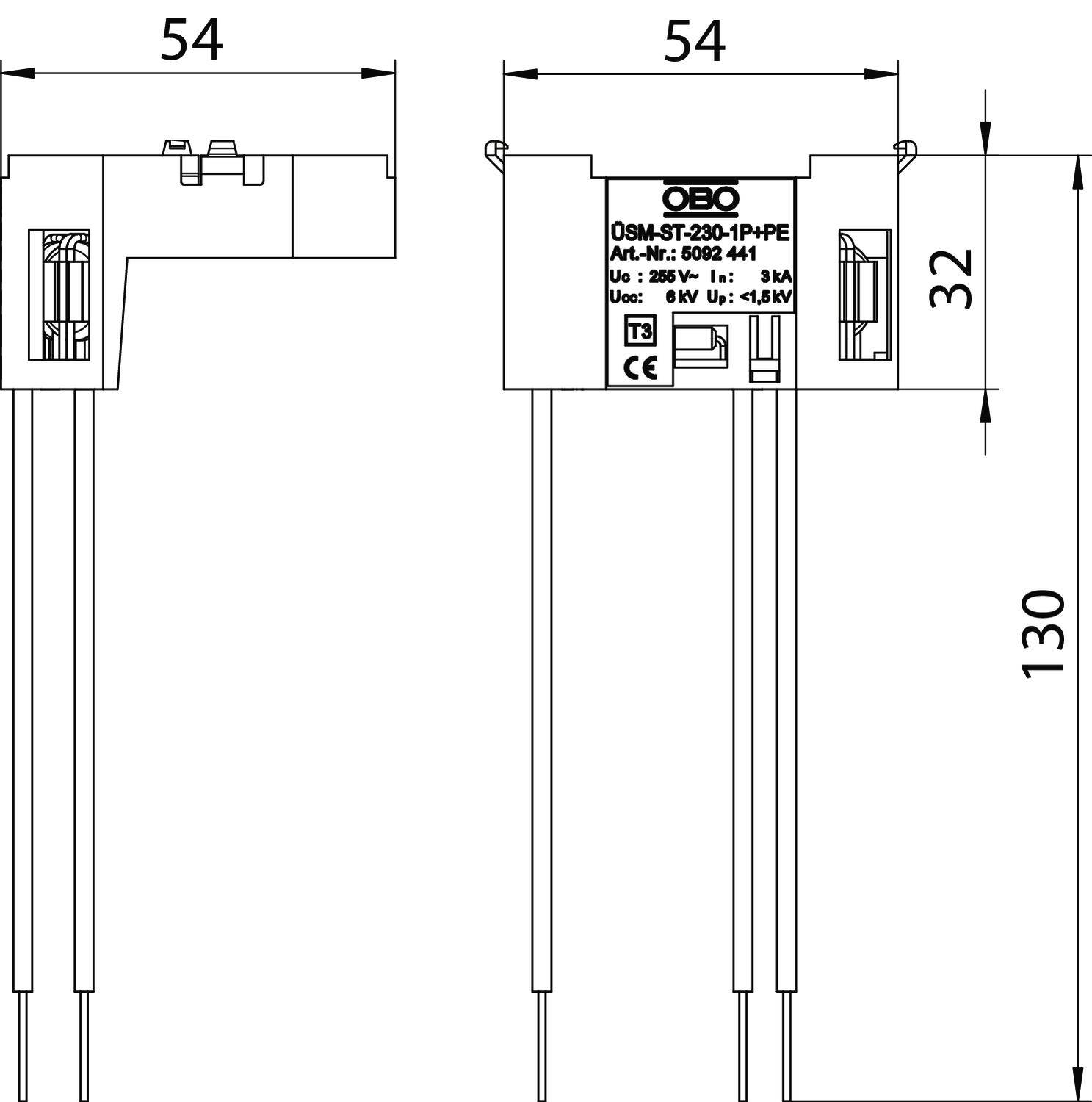 Rysunek techniczny zabezpieczenia przeciwprzepięciowego z wymiarami: szerokość 54 mm, wysokość 130 mm. Widoczne szczegóły produktu i certyfikaty.