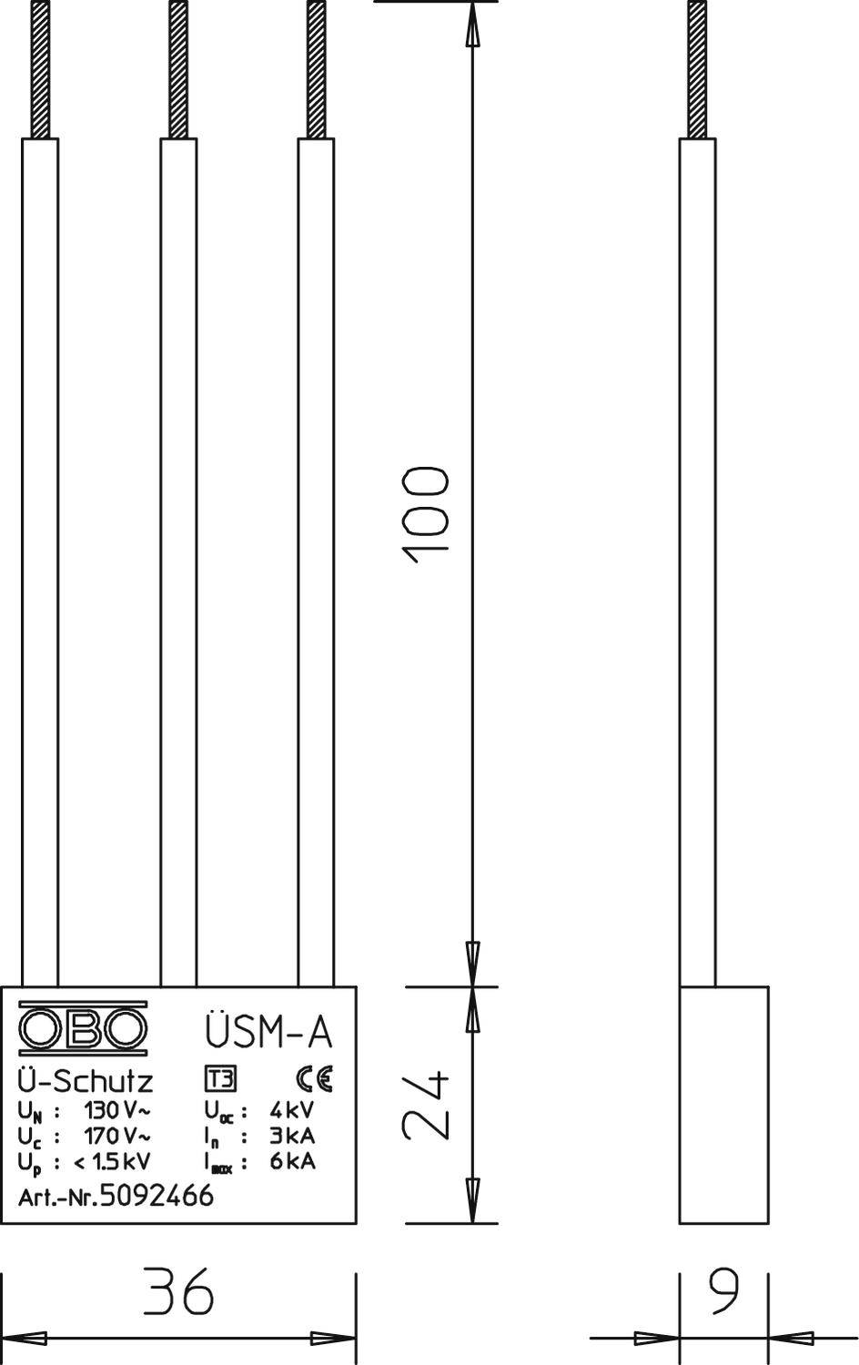 Rysunek techniczny urządzenia ochrony przeciwprzepięciowej, model ÜSM-A, z wymiarami w milimetrach. Zawiera informacje o napięciu i natężeniu prądu.