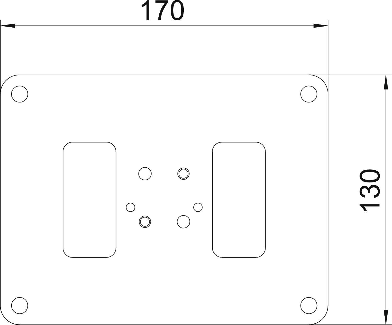 Rysunek techniczny prostokątnego adaptera kołnierzowego o wymiarach 170 mm szerokości i 130 mm wysokości, z otworami mocującymi.