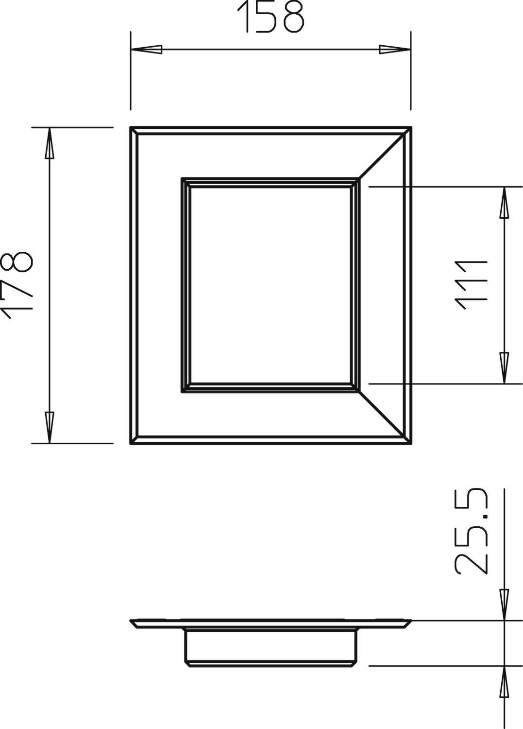 Rysunek techniczny kwadratowej kratki wentylacyjnej o wymiarach: 158 x 178 mm. Strona widokowa 111 mm, głębokość 25,5 mm.