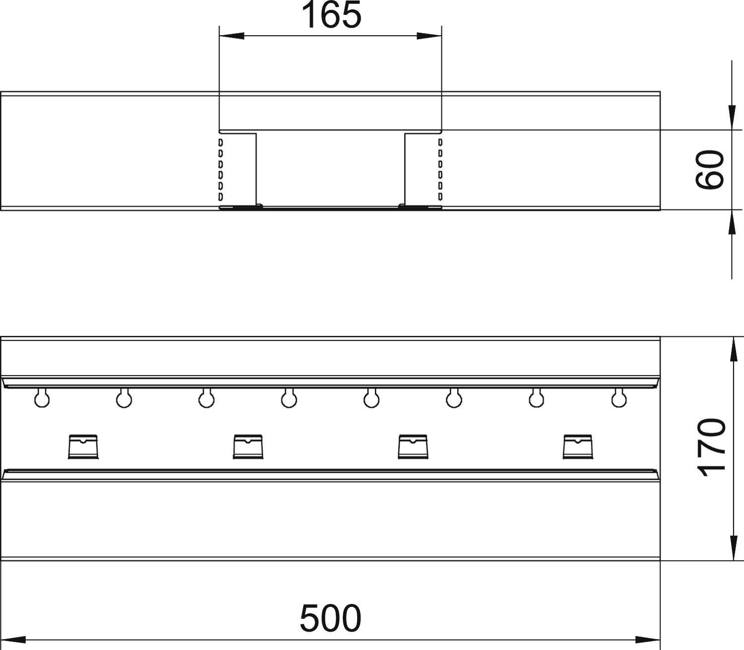 Rysunek techniczny prostokątnej części z wymiarami: 165 i 500 mm szerokości, 60 i 170 mm wysokości. Widok z przodu i z góry.