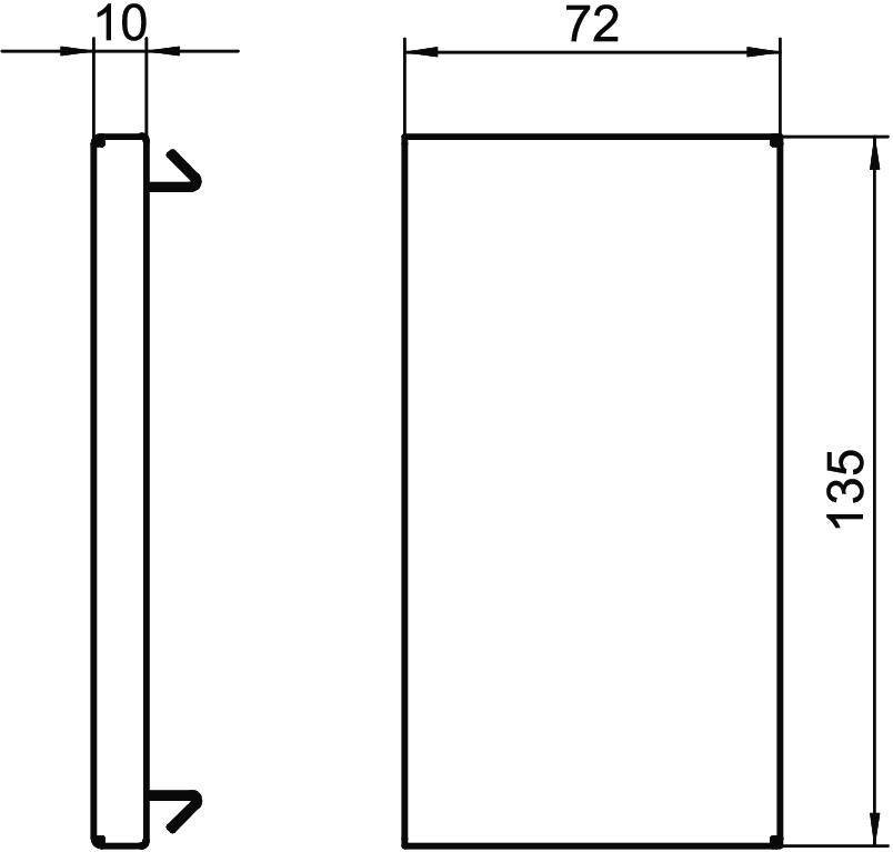 Rysunek techniczny prostokątnego elementu o wymiarach: 72 mm szerokości, 135 mm wysokości i 10 mm głębokości. Schematyczny widok z boku i z przodu.